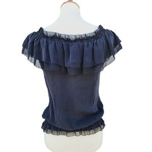 White House Black Market Black Top Off Shoulder Blouson Flutter Silk Blouse XS